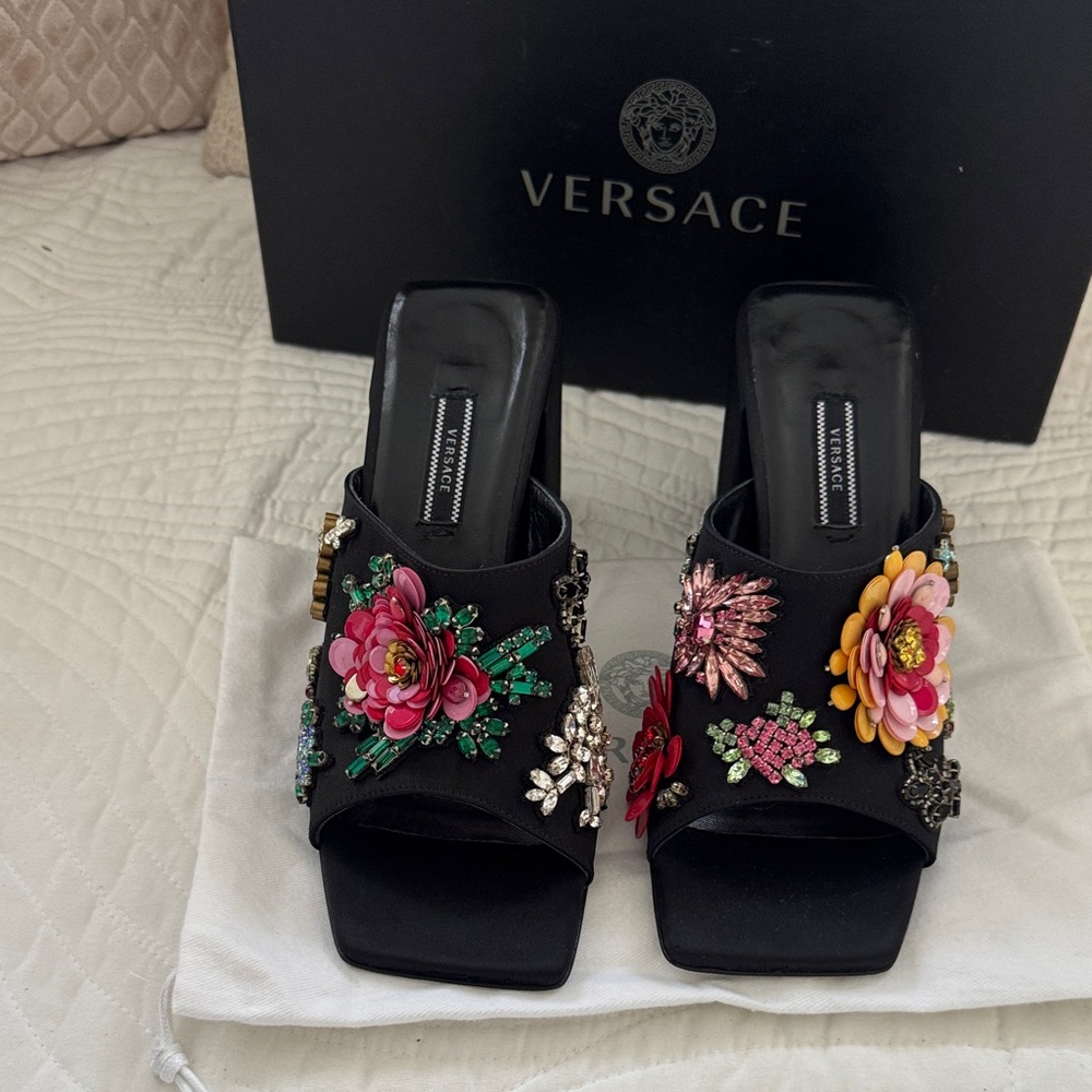 Versace Black Mules with Colorful Floral Embellishments Shoes